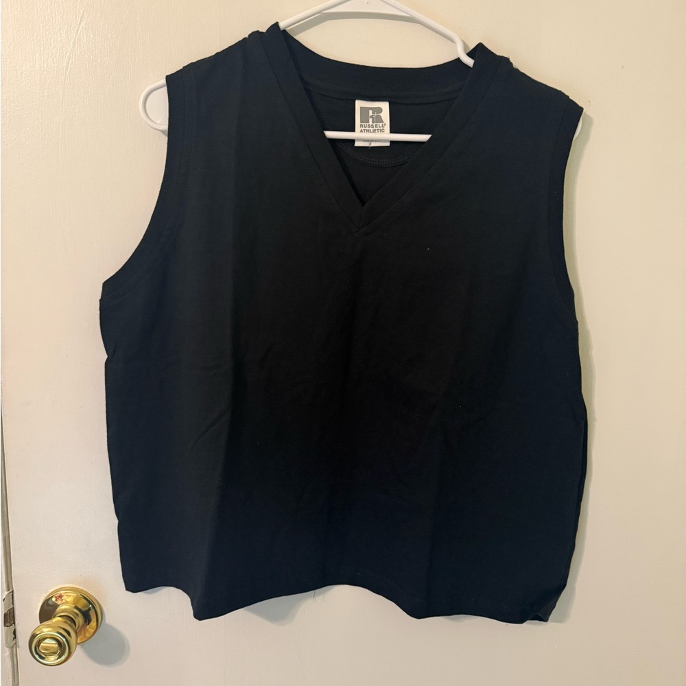 Russell Athletic Made in USA Black Sleeveless Top boxy crop Large 100% cotton